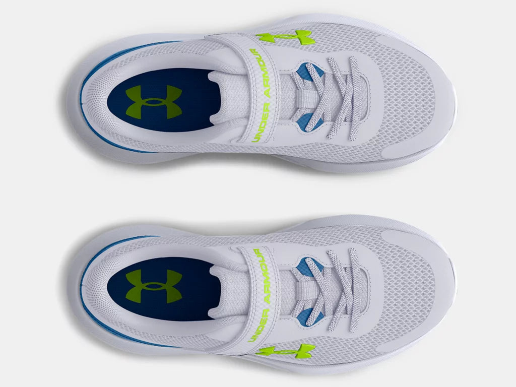 Under Armour Rogue 3 A/C Children’s Sneaker in Mod Grey/Cruise Blue/High Vis Yellow.