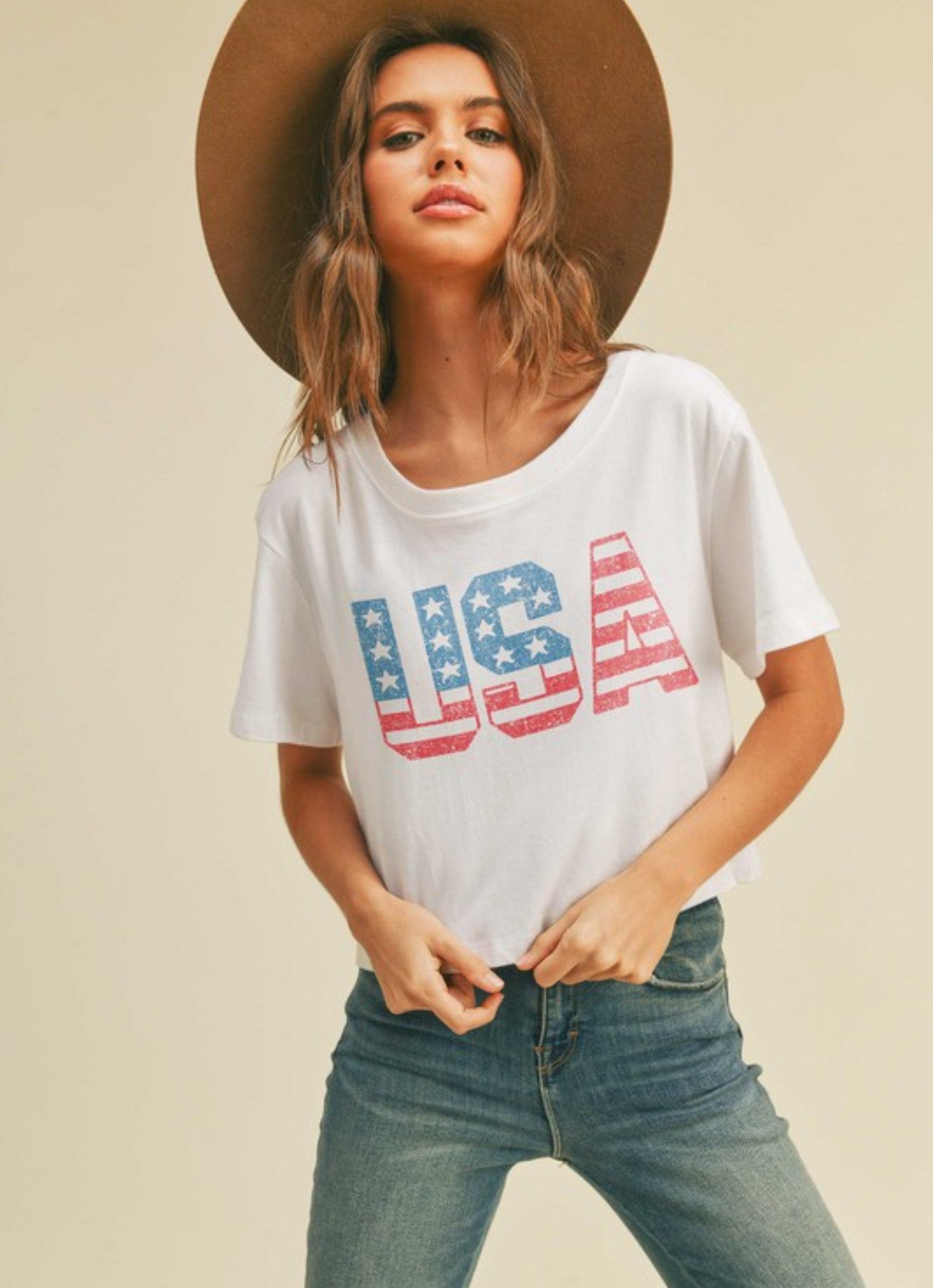 USA Cropped T-Shirt - White | Women's American Flag Crop Top