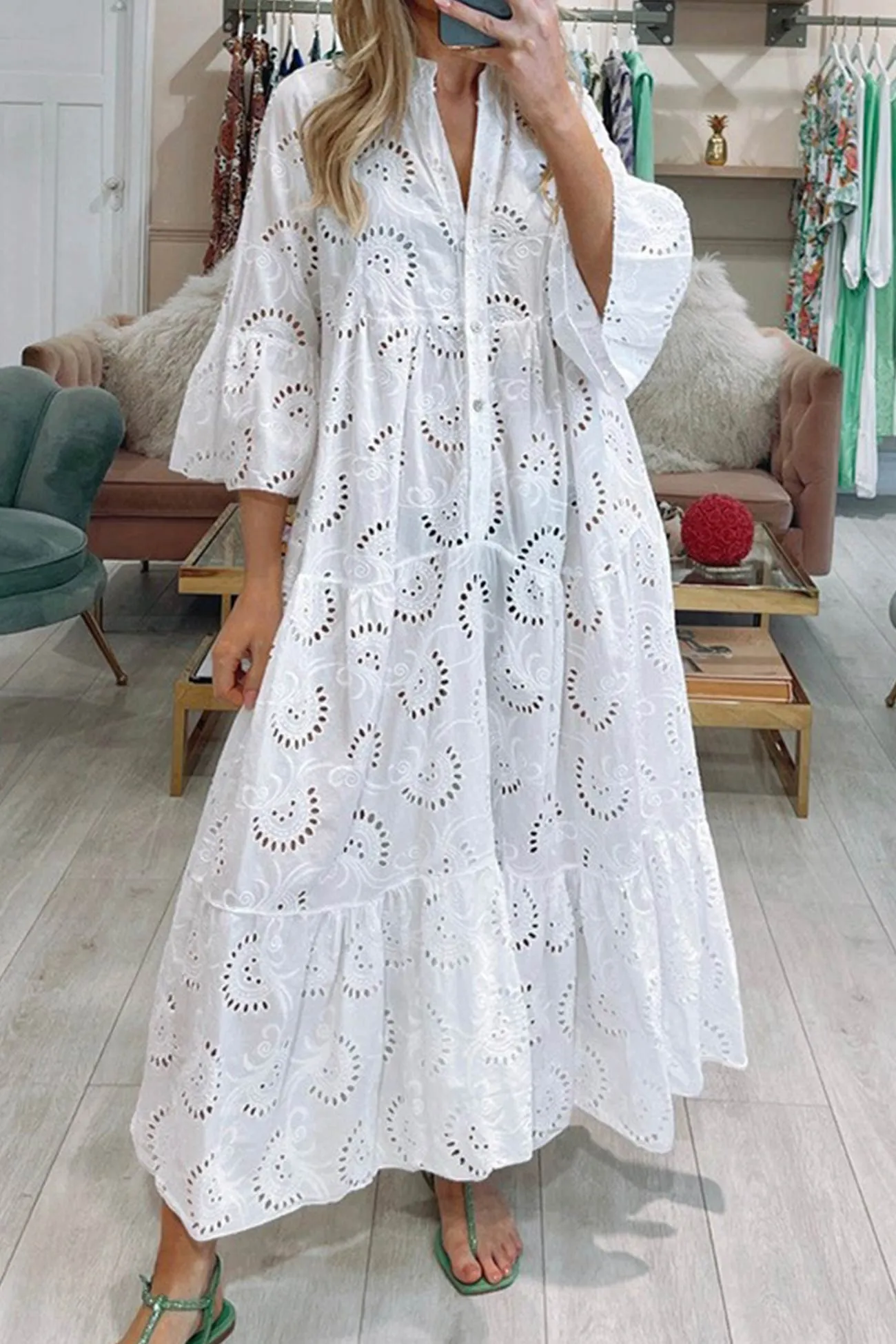 V-Neck Embroidered Cotton Dress with Flared Sleeves