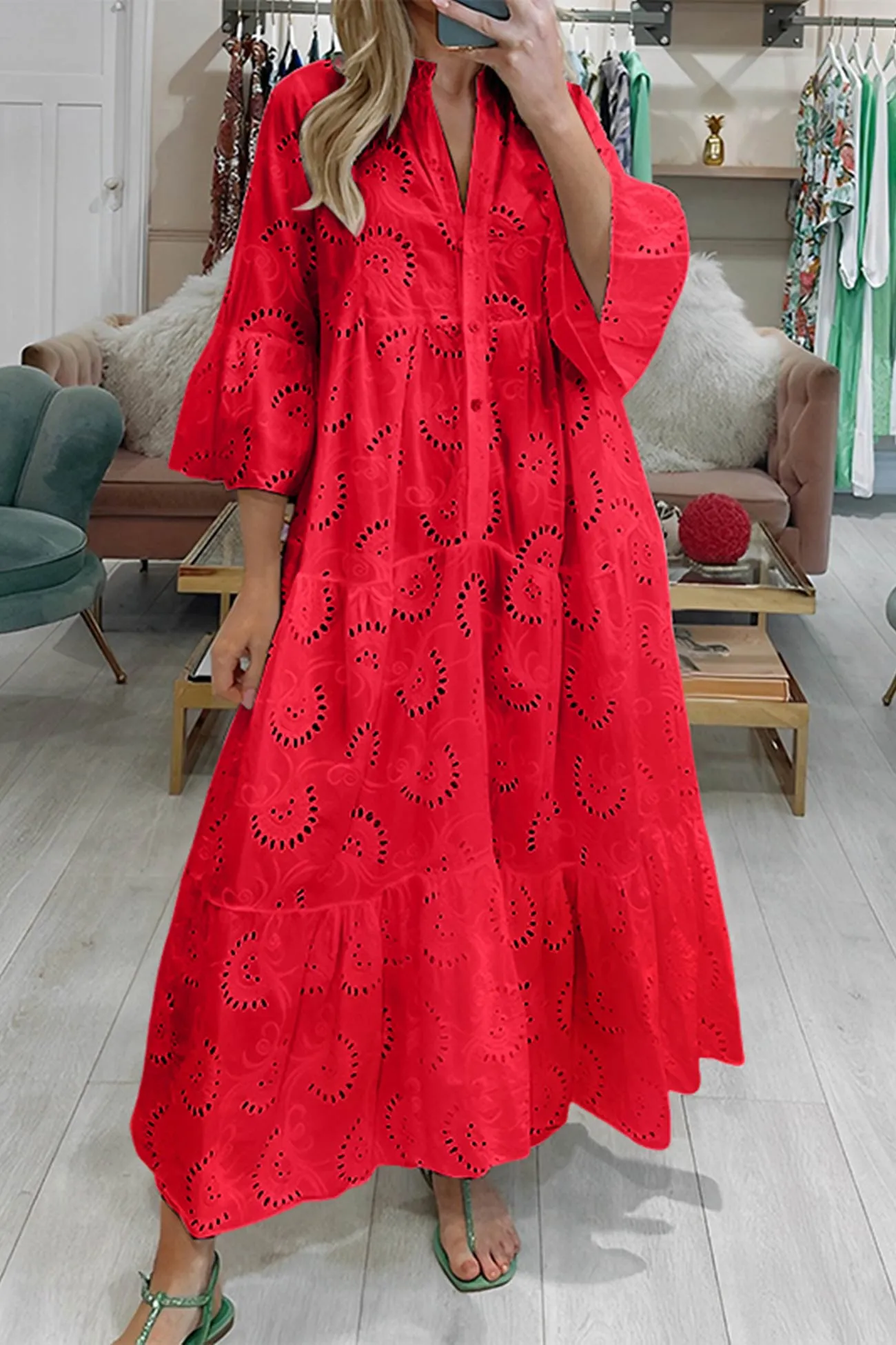 V-Neck Embroidered Cotton Dress with Flared Sleeves