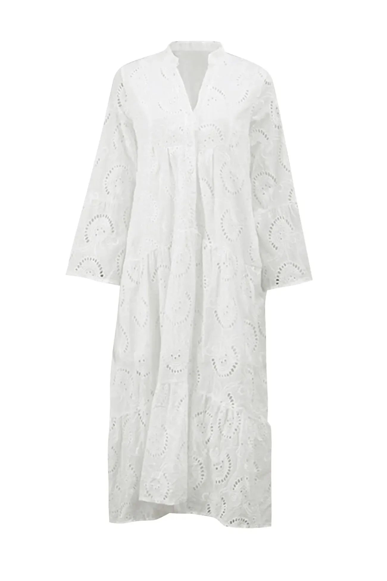 V-Neck Embroidered Cotton Dress with Flared Sleeves