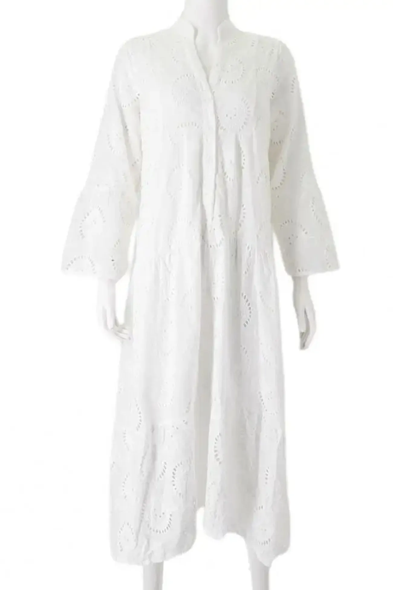 V-Neck Embroidered Cotton Dress with Flared Sleeves