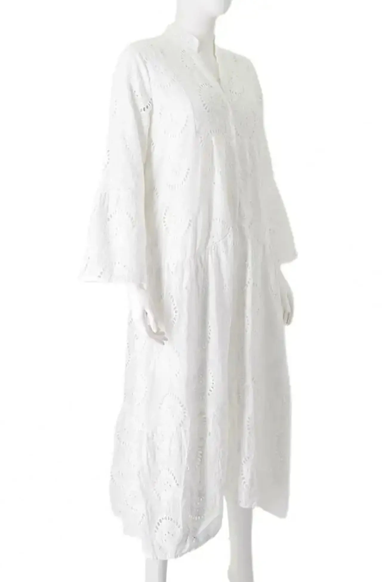 V-Neck Embroidered Cotton Dress with Flared Sleeves