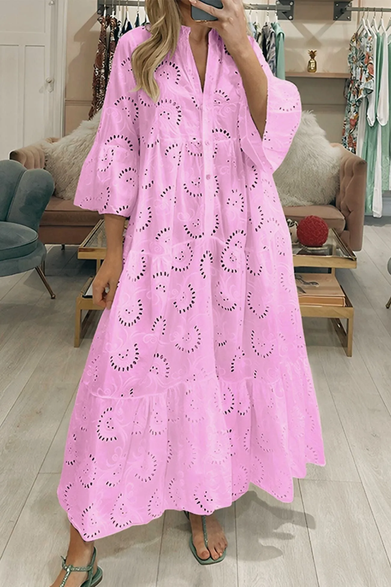 V-Neck Embroidered Cotton Dress with Flared Sleeves