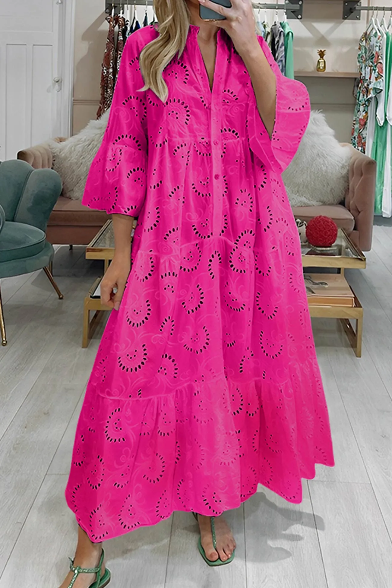 V-Neck Embroidered Cotton Dress with Flared Sleeves