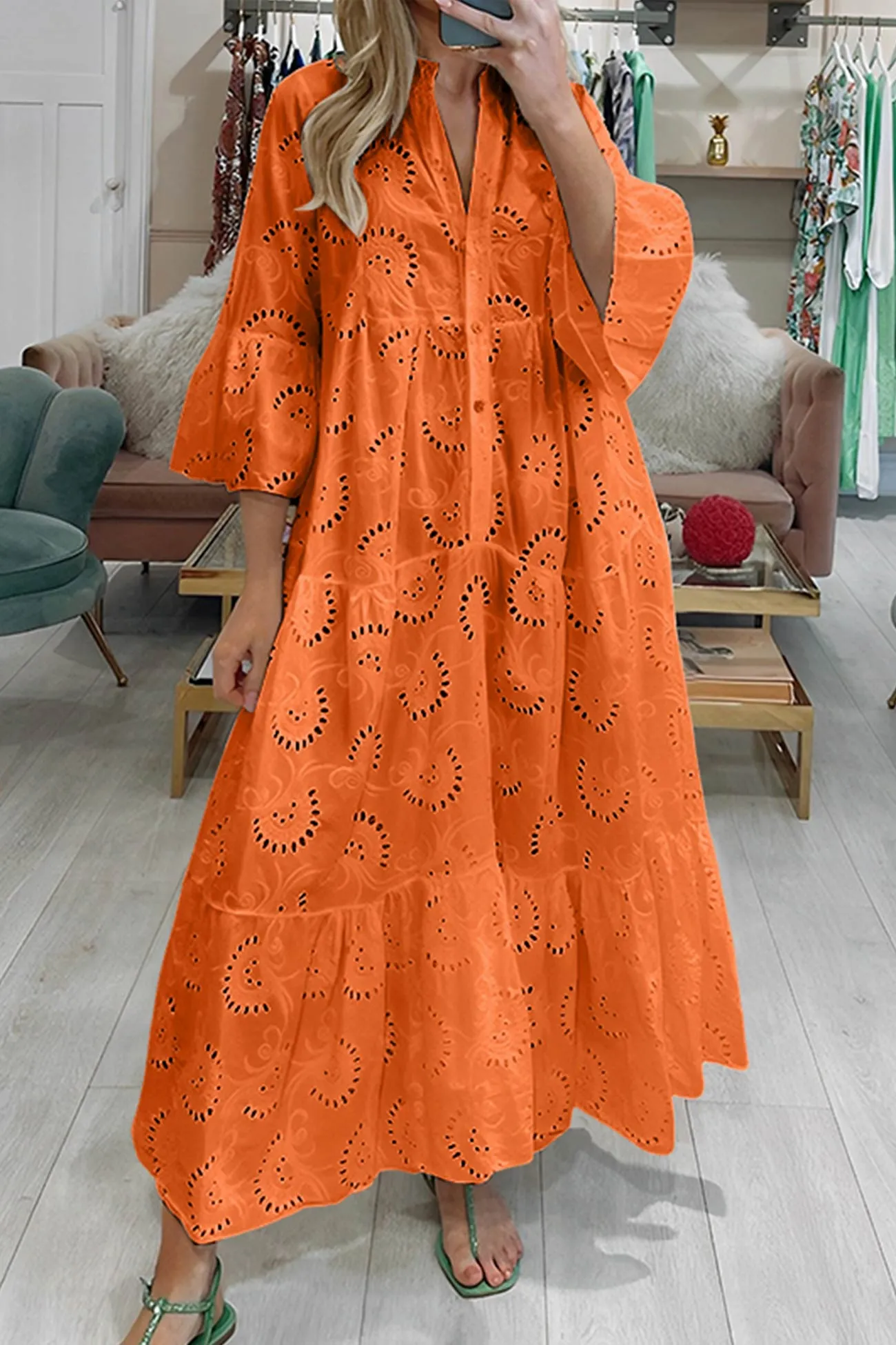 V-Neck Embroidered Cotton Dress with Flared Sleeves