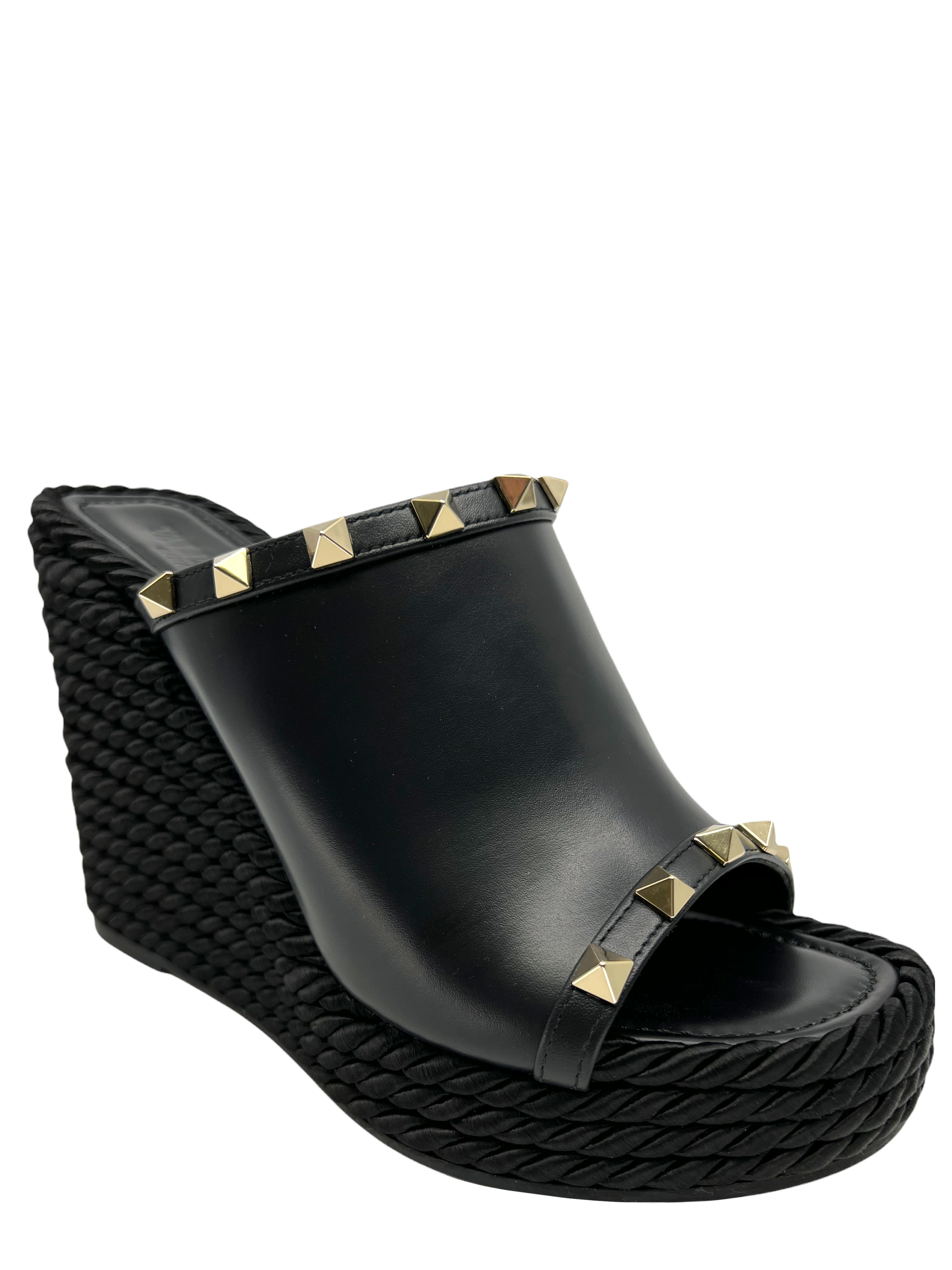 Valentino Rockstud Leather Wedge Sandals, Size 7, Espadrille