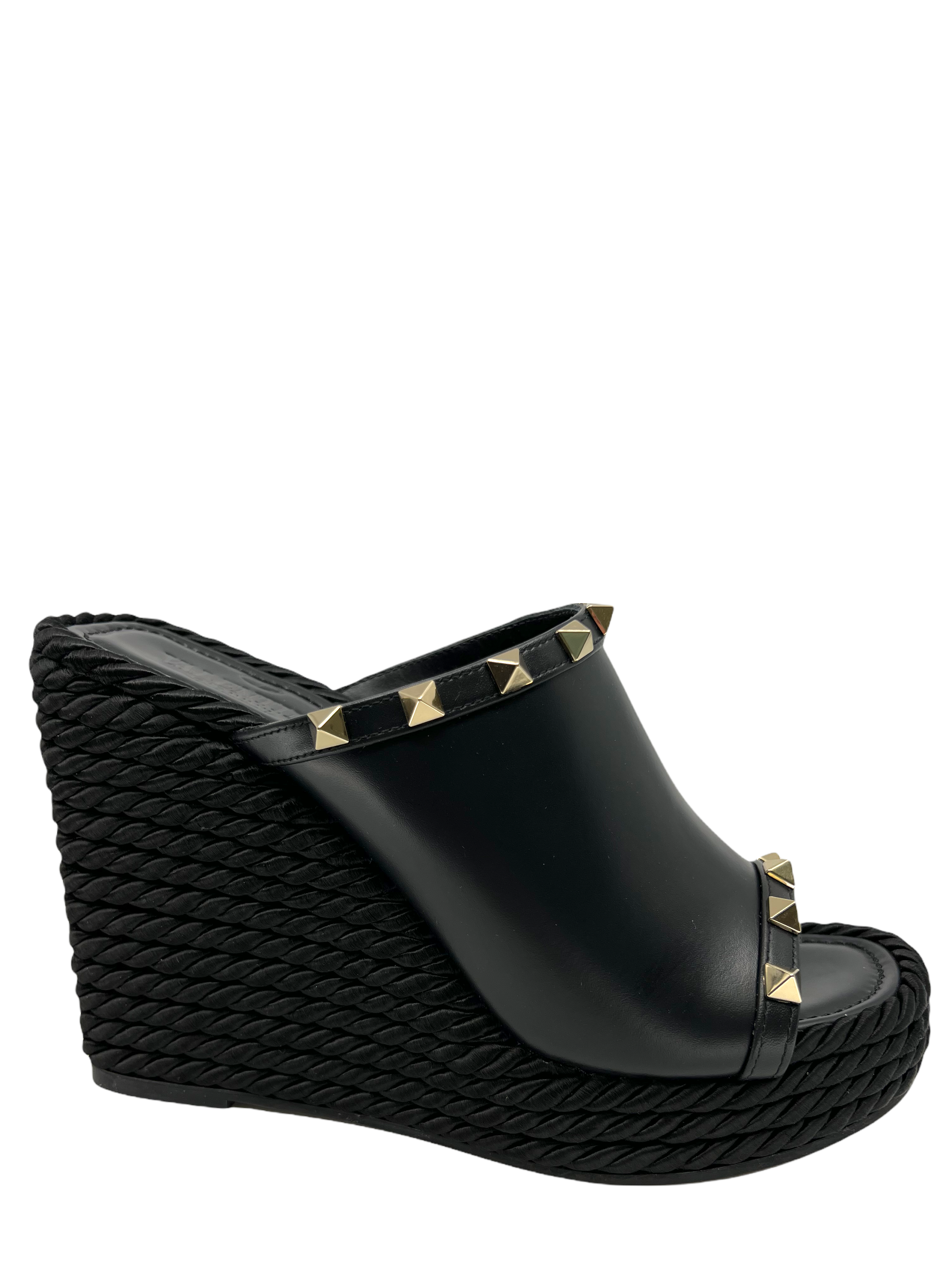 Valentino Rockstud Leather Wedge Sandals, Size 7, Espadrille