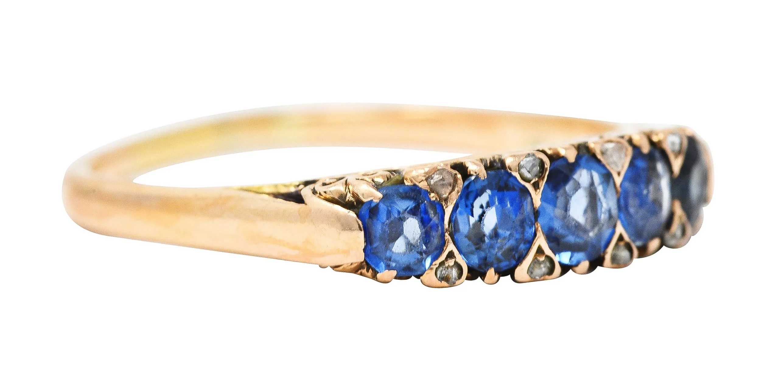 Victorian 1.15 CTW Cushion Cut Sapphire Diamond Yellow Gold Fleur-De-Lis Five Stone Antique Band Ring