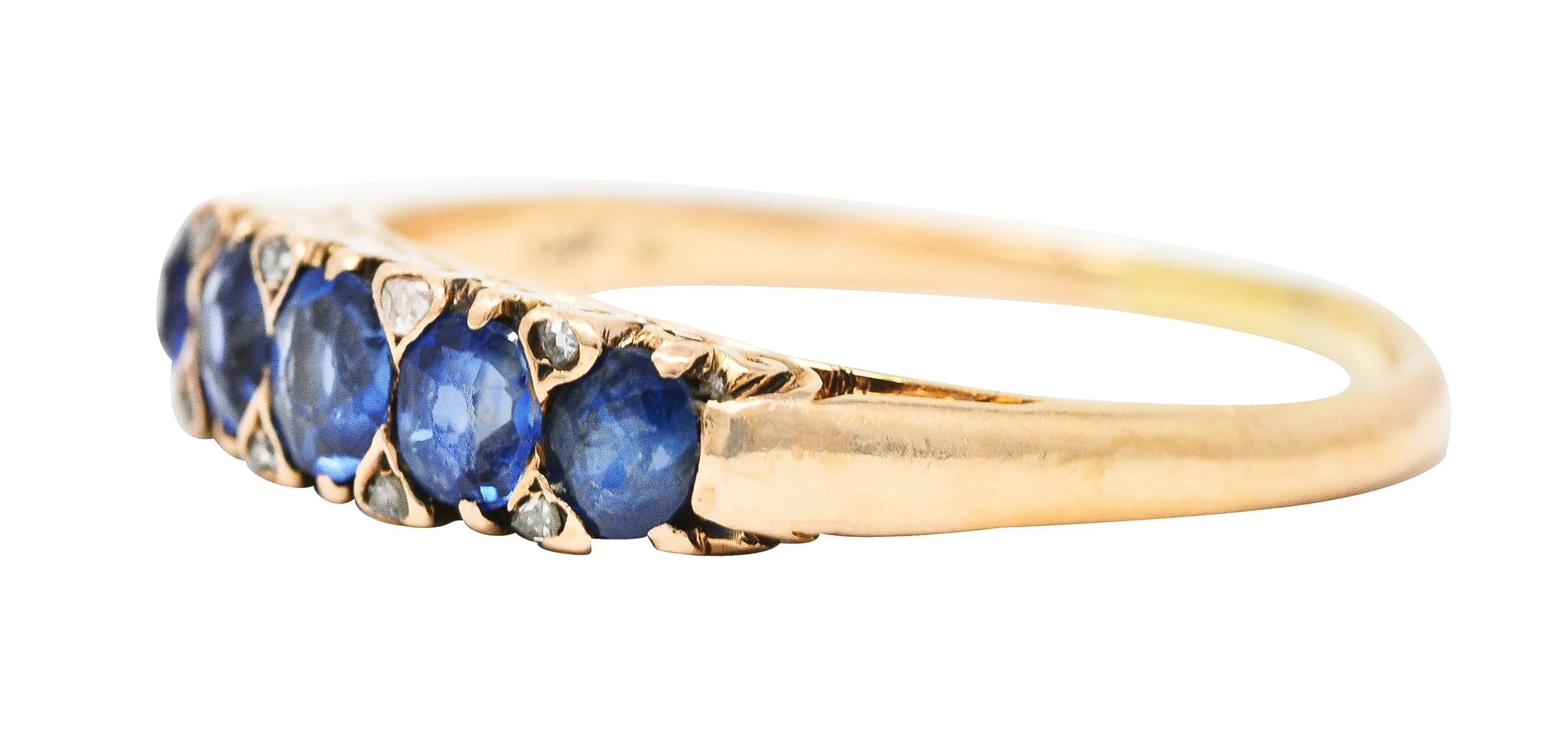 Victorian 1.15 CTW Cushion Cut Sapphire Diamond Yellow Gold Fleur-De-Lis Five Stone Antique Band Ring