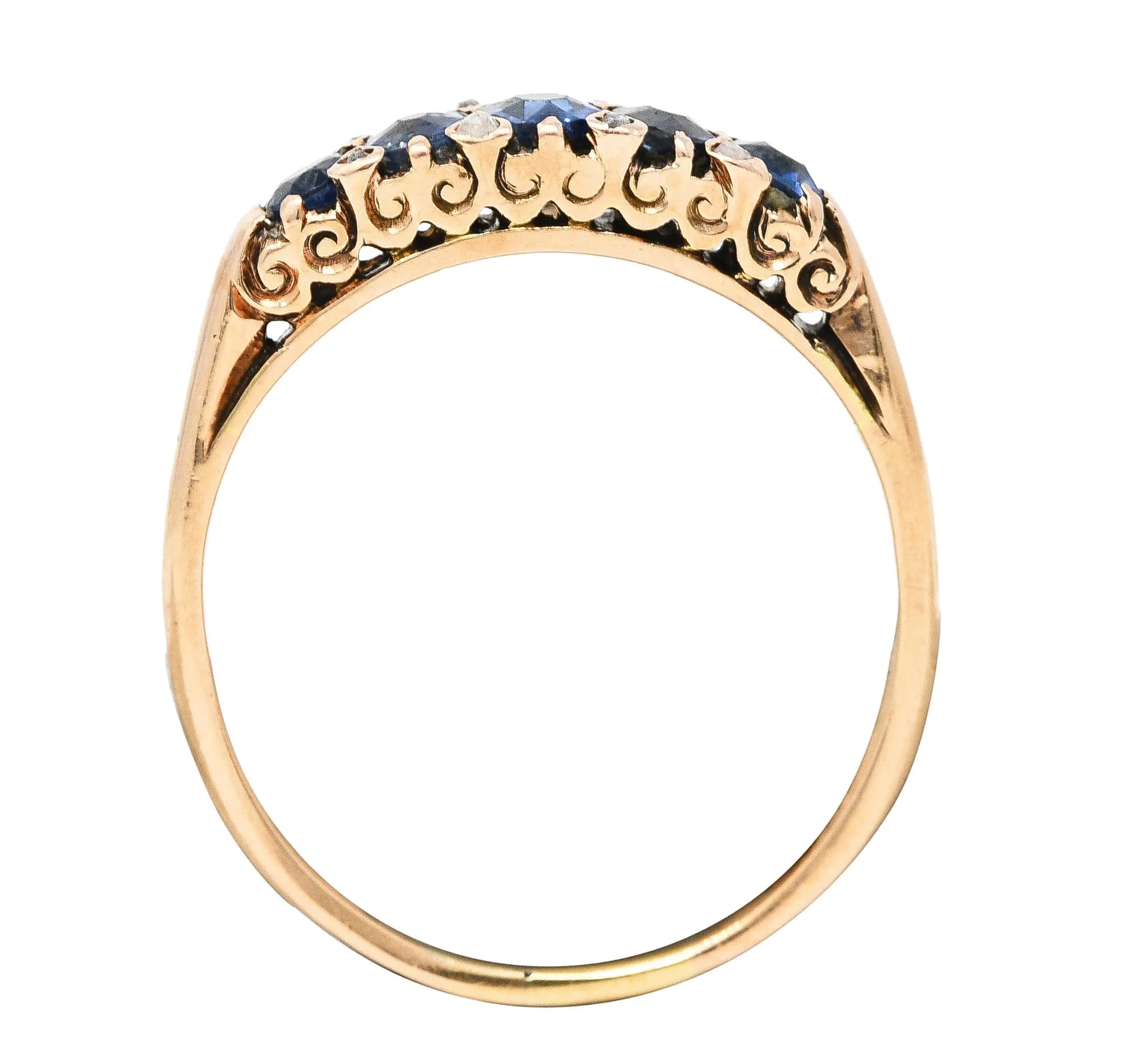 Victorian 1.15 CTW Cushion Cut Sapphire Diamond Yellow Gold Fleur-De-Lis Five Stone Antique Band Ring