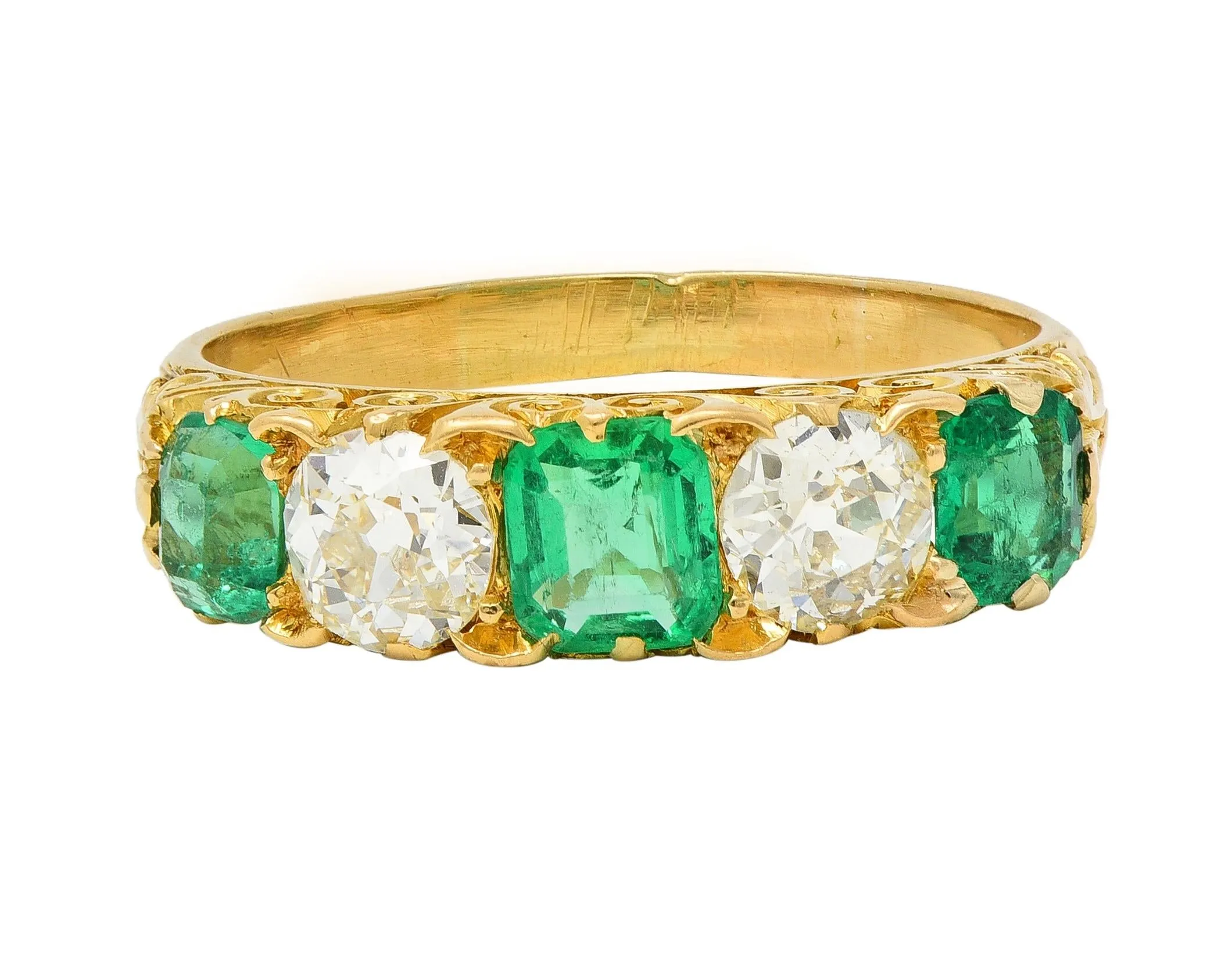 Victorian Emerald Diamond 18 Karat Yellow Gold Five Stone Antique Band Ring