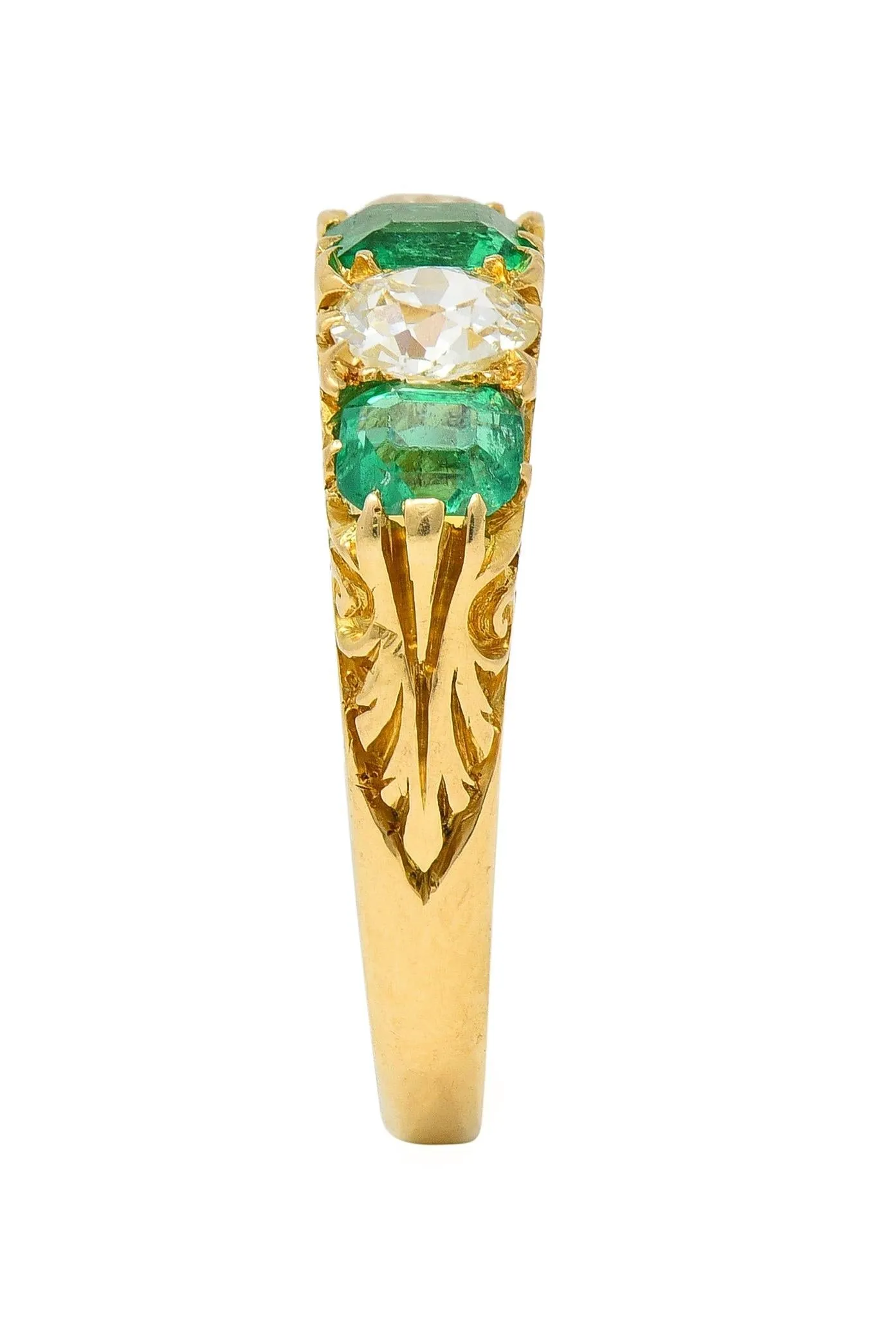 Victorian Emerald Diamond 18 Karat Yellow Gold Five Stone Antique Band Ring