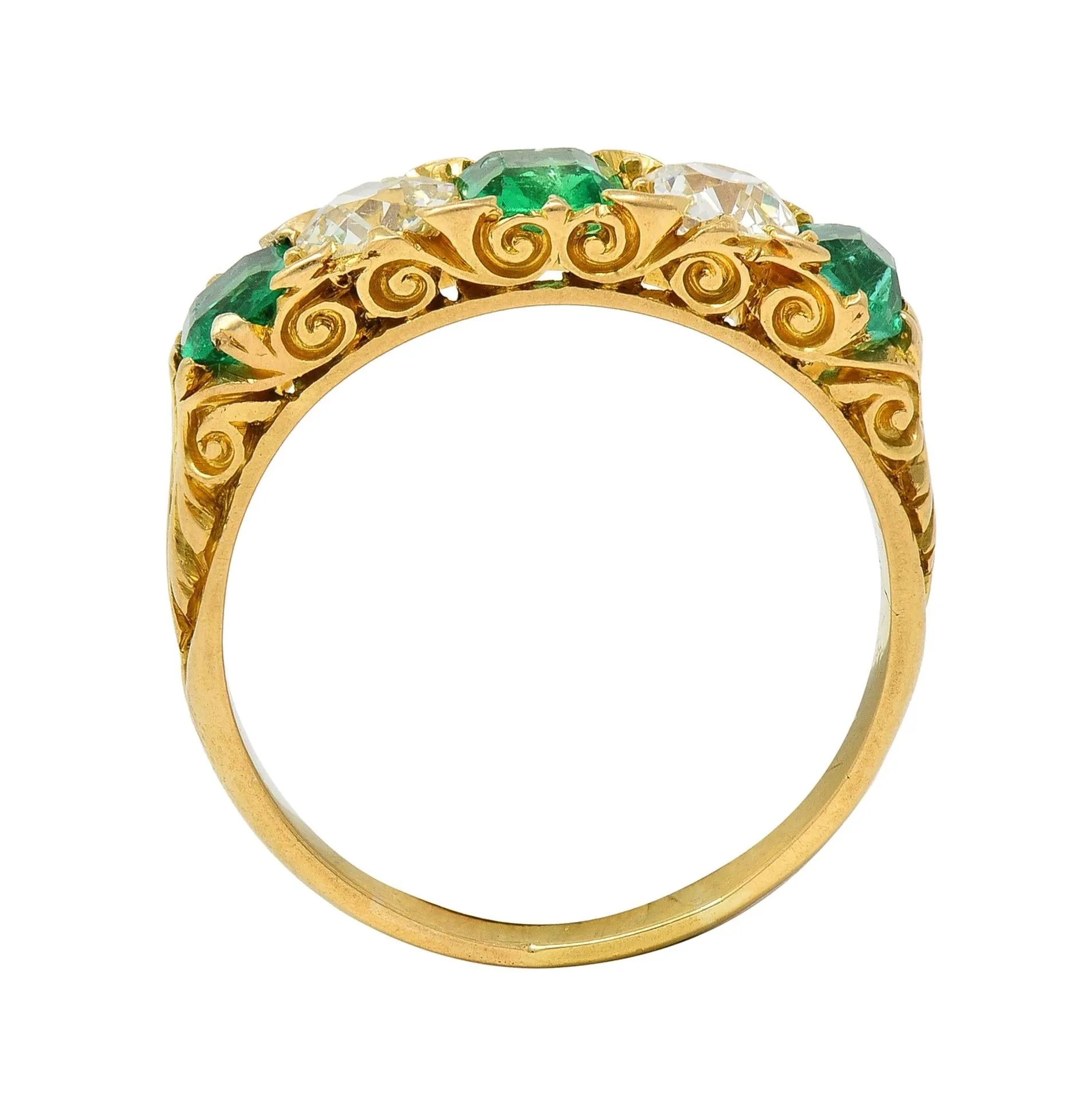 Victorian Emerald Diamond 18 Karat Yellow Gold Five Stone Antique Band Ring