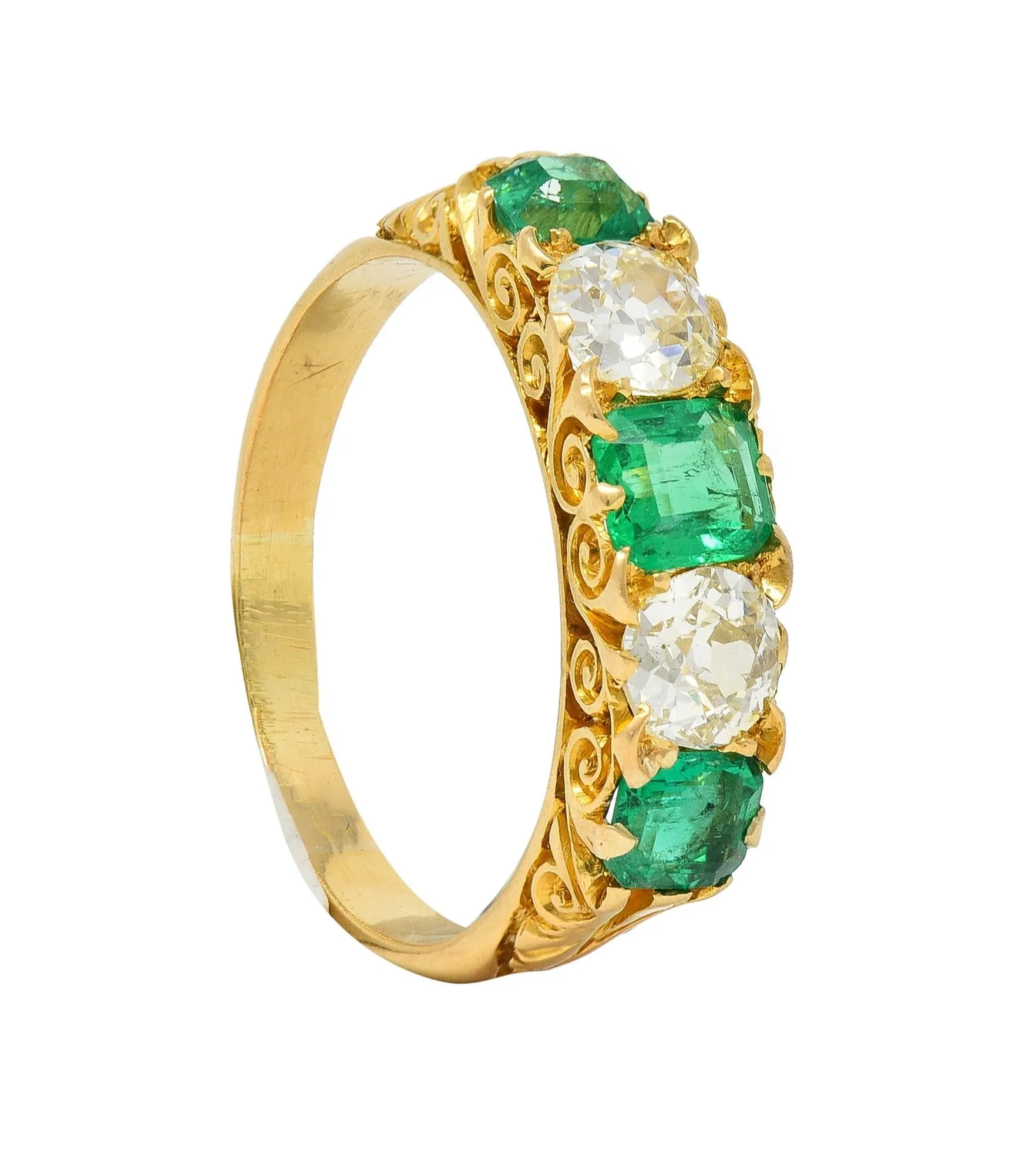 Victorian Emerald Diamond 18 Karat Yellow Gold Five Stone Antique Band Ring