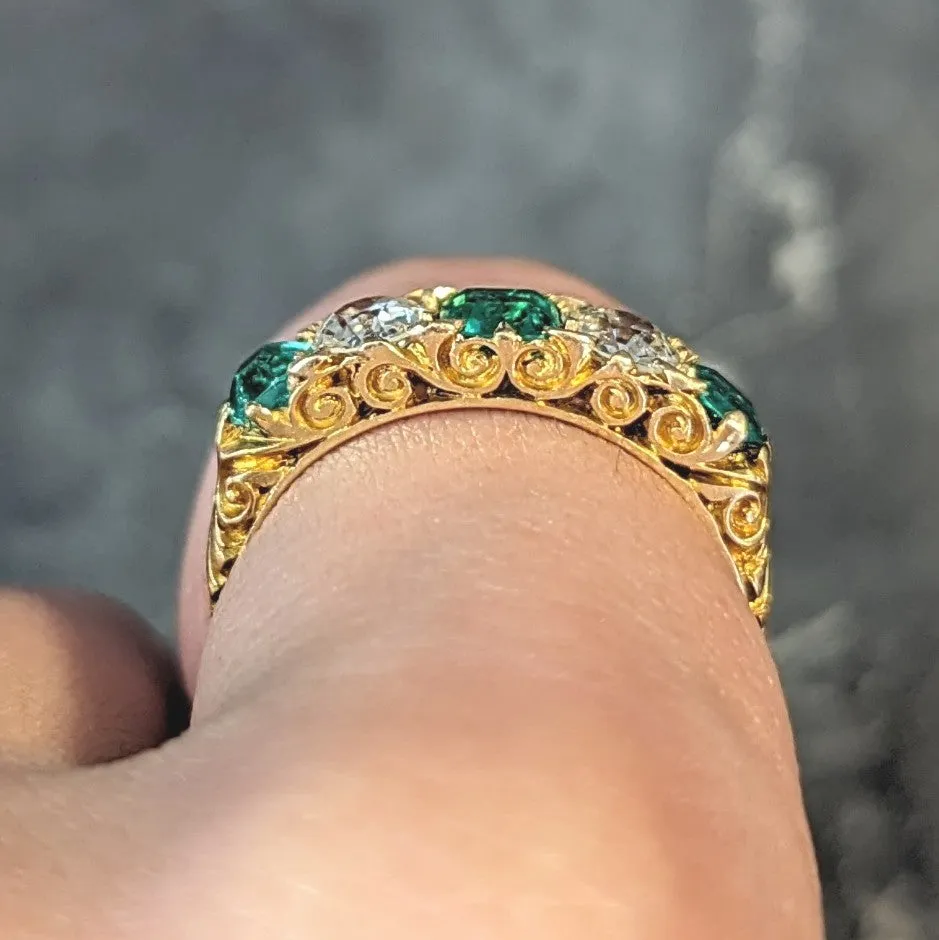 Victorian Emerald Diamond 18 Karat Yellow Gold Five Stone Antique Band Ring