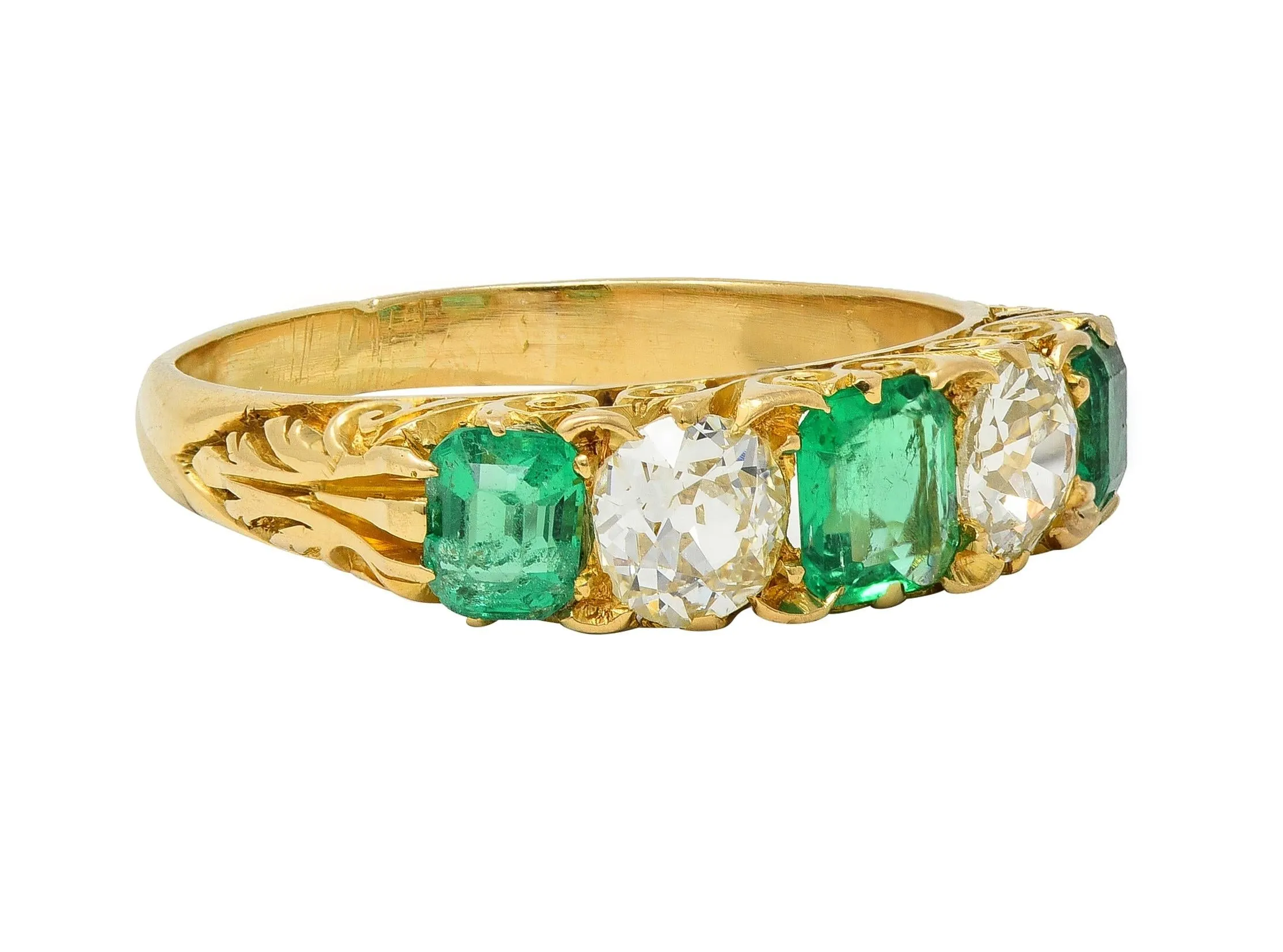 Victorian Emerald Diamond 18 Karat Yellow Gold Five Stone Antique Band Ring