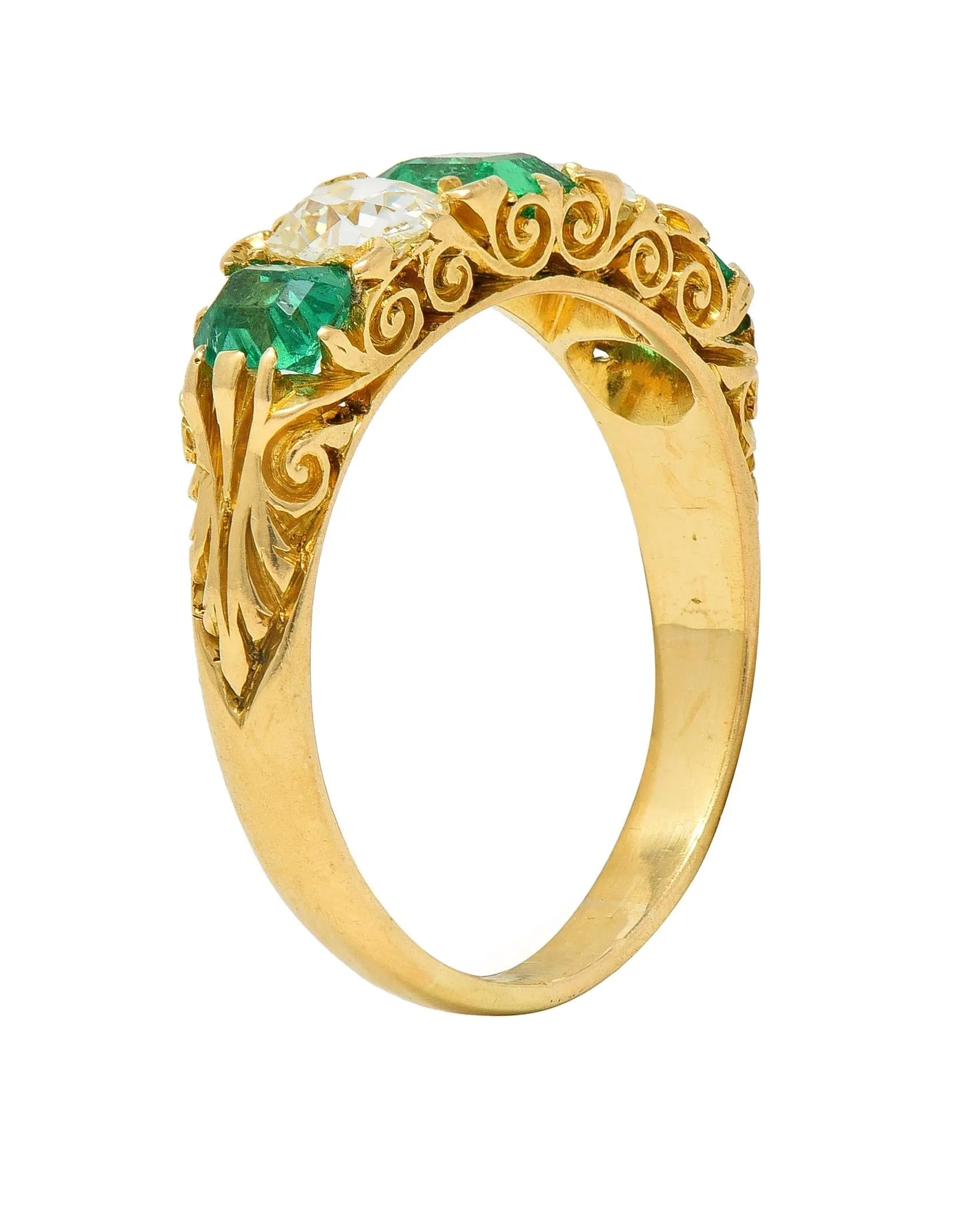 Victorian Emerald Diamond 18 Karat Yellow Gold Five Stone Antique Band Ring