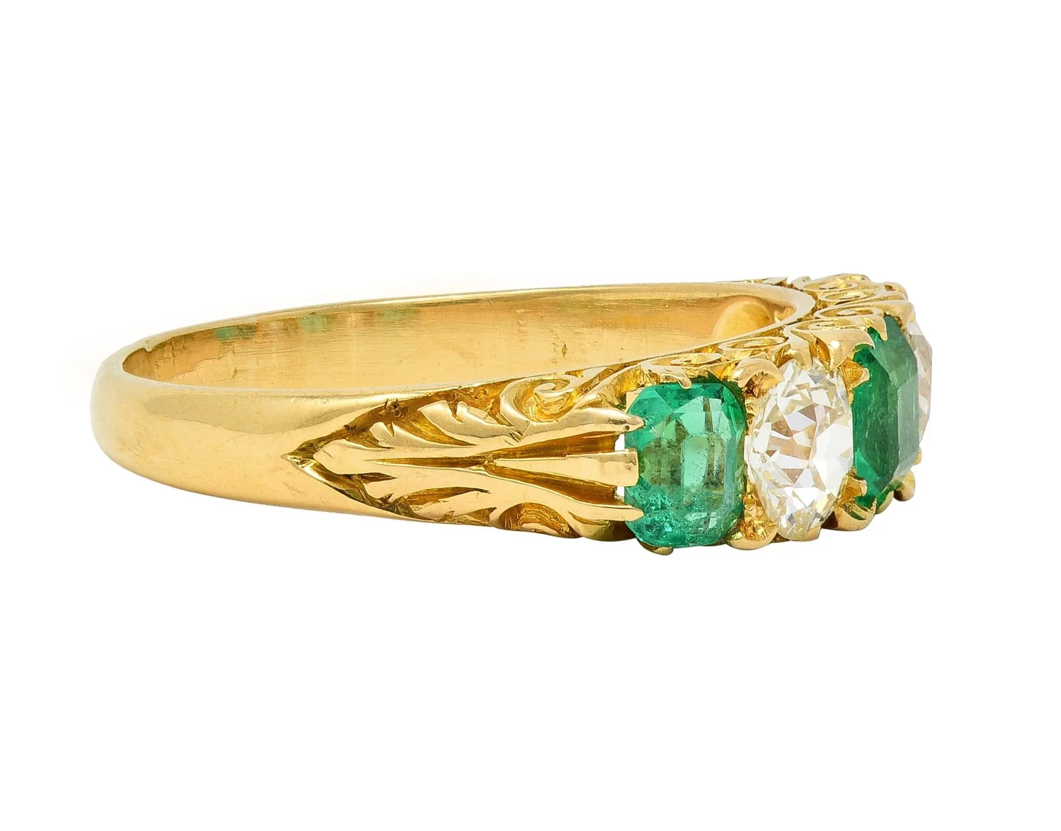 Victorian Emerald Diamond 18 Karat Yellow Gold Five Stone Antique Band Ring