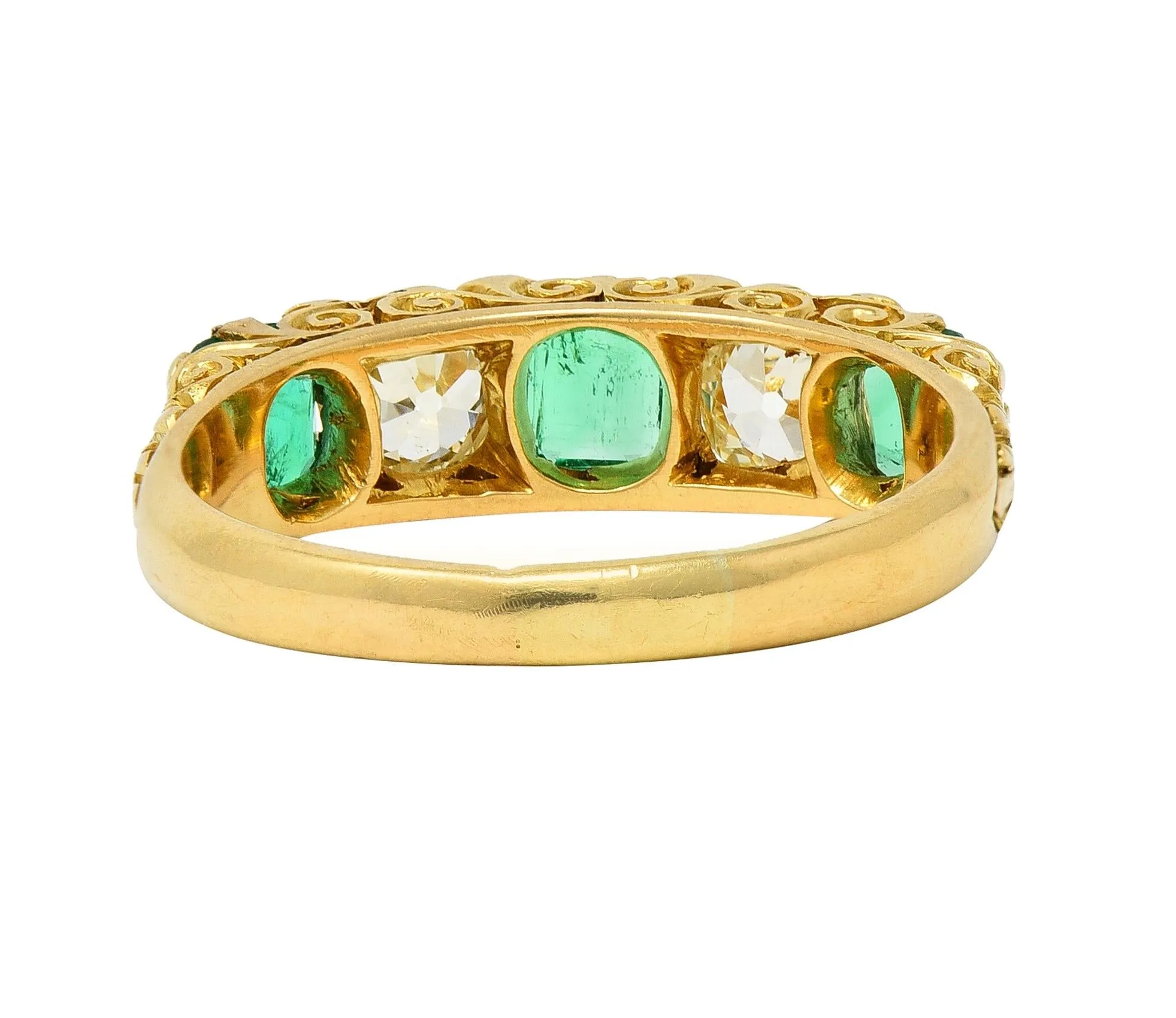 Victorian Emerald Diamond 18 Karat Yellow Gold Five Stone Antique Band Ring