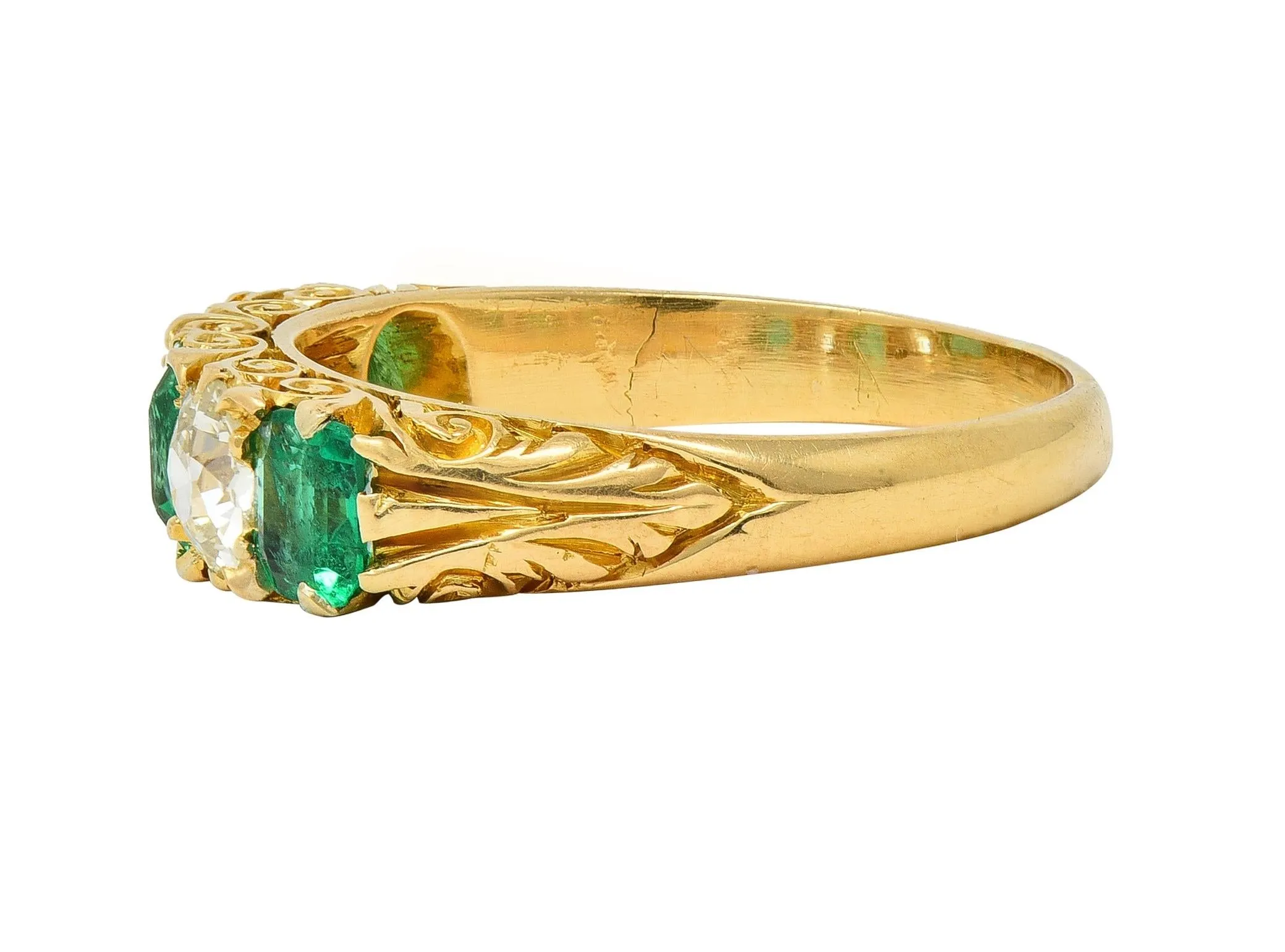 Victorian Emerald Diamond 18 Karat Yellow Gold Five Stone Antique Band Ring