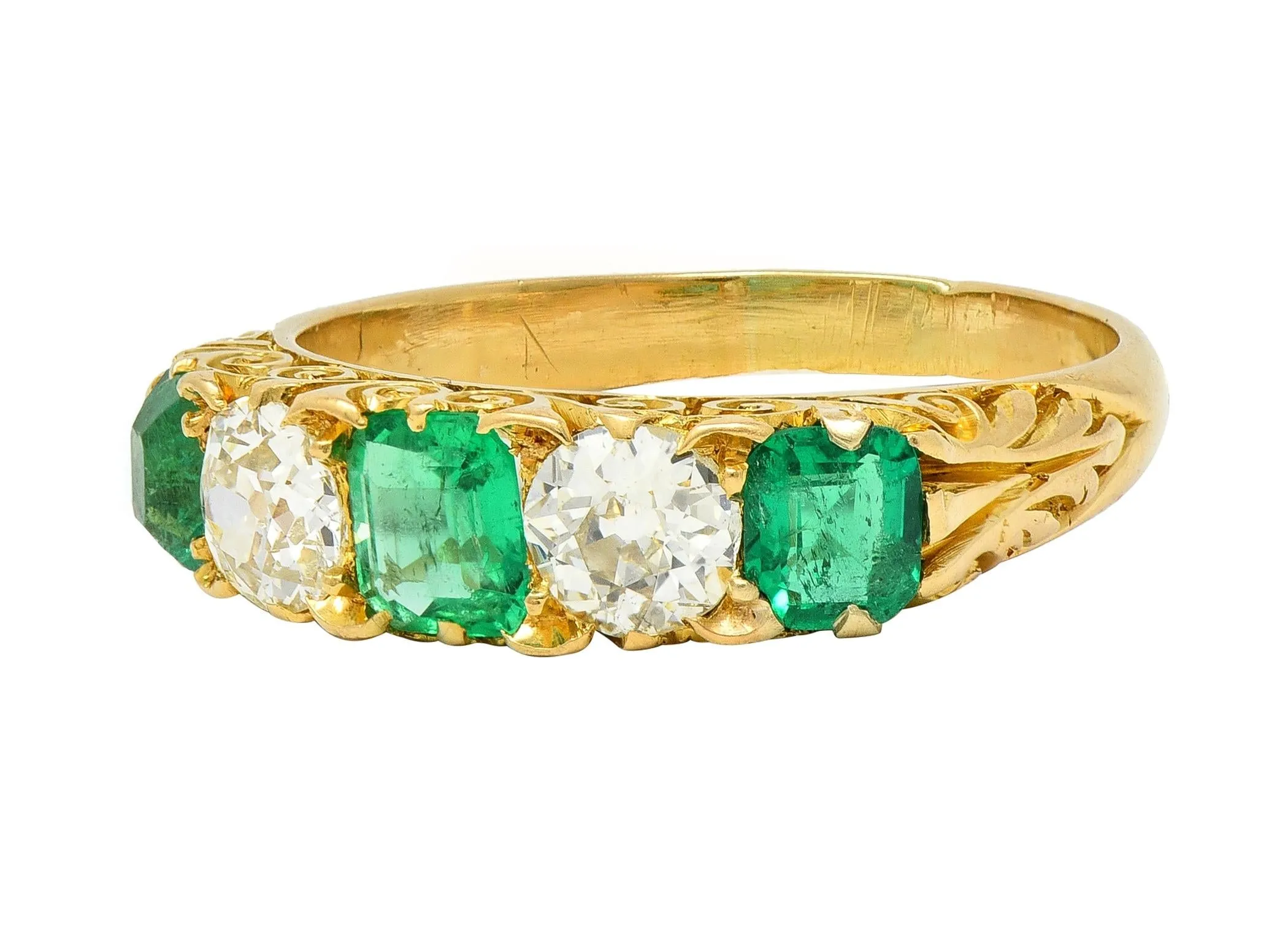 Victorian Emerald Diamond 18 Karat Yellow Gold Five Stone Antique Band Ring