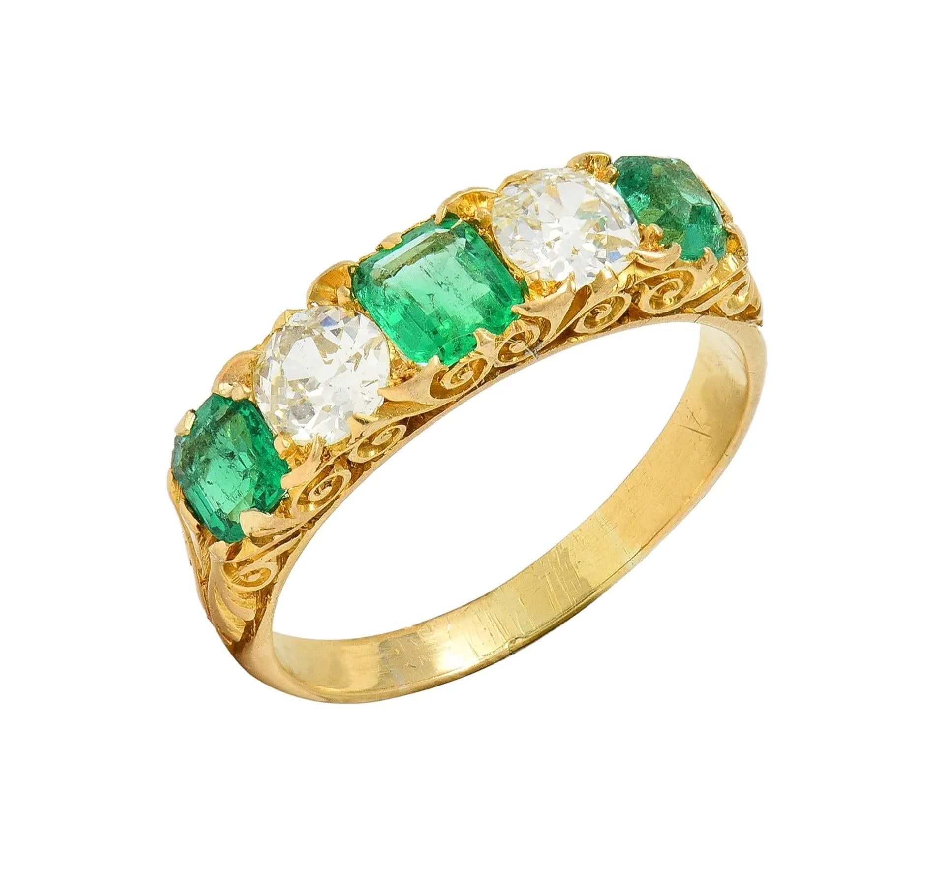 Victorian Emerald Diamond 18 Karat Yellow Gold Five Stone Antique Band Ring