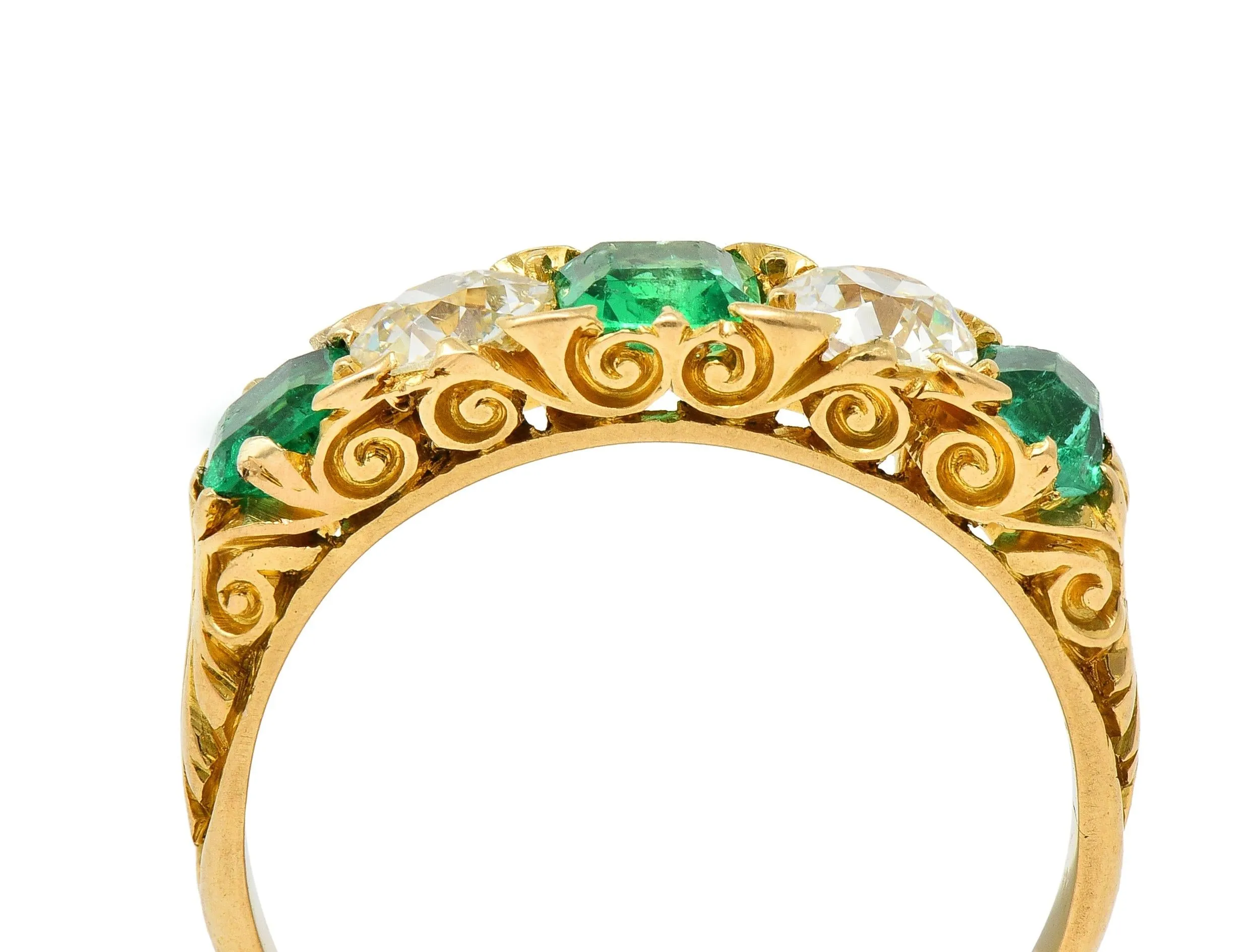 Victorian Emerald Diamond 18 Karat Yellow Gold Five Stone Antique Band Ring