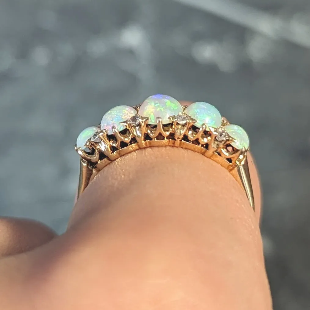 Vintage Opal Diamond Gold Stone Band Ring