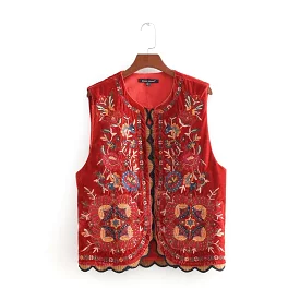 Vintage sequin floral embroidered vest jacket for women, retro national style patchwork velvet waistcoat for ladies - CT154