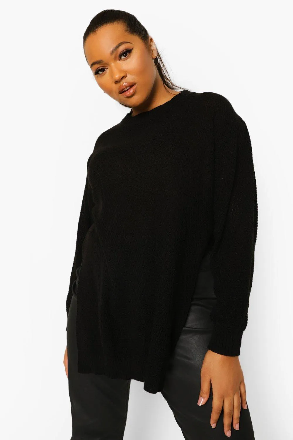 Warm Plus Size Side Split Moss Stitch Sweater to order now