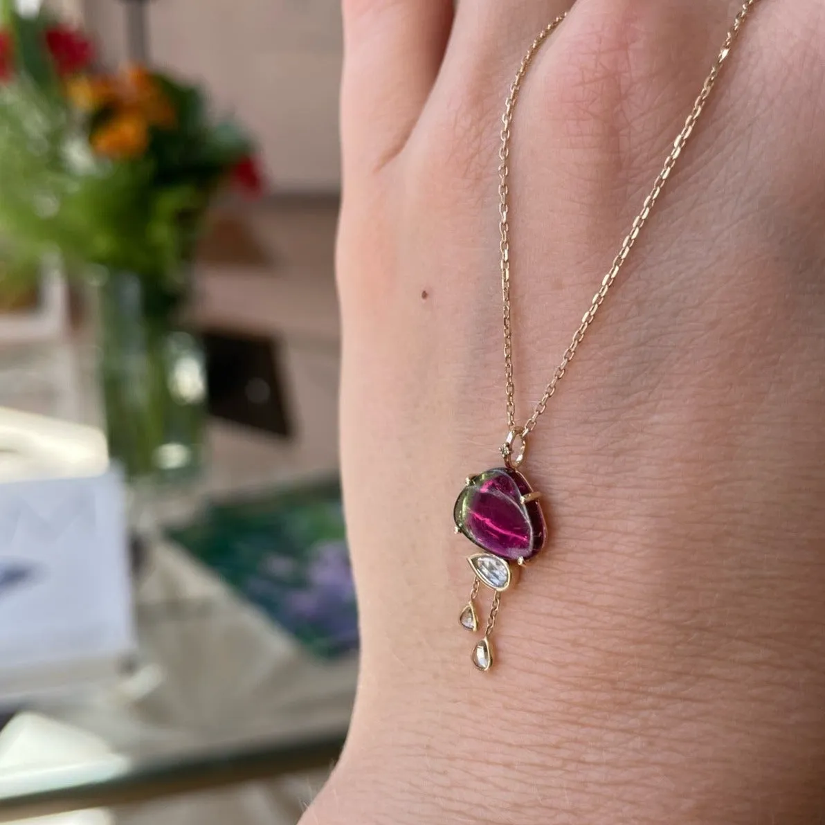 Stylish Cloud Necklace with Watermelon Tourmaline and Diamond