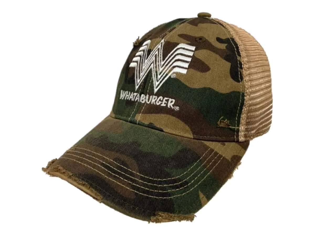 Whataburger Restaurant Brand Camouflage Distressed Mesh Snapback Hat Cap Retro