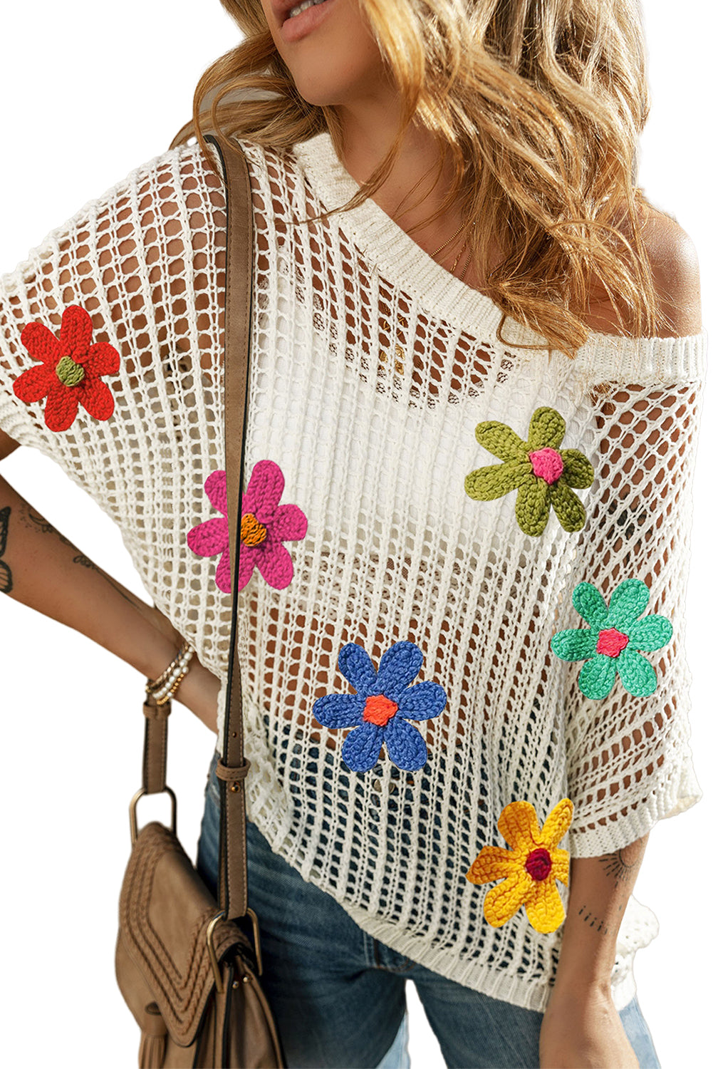 White crochet flower t-shirt