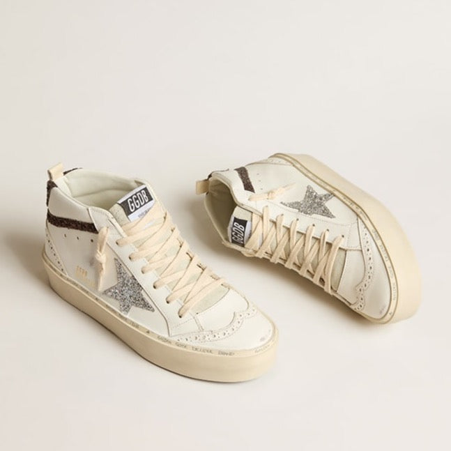 white leather platform sneaker glitter trims mid star