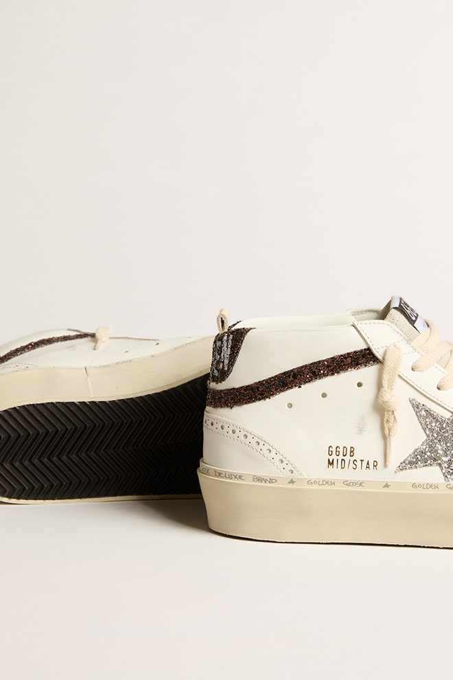 white leather platform sneaker glitter trims mid star