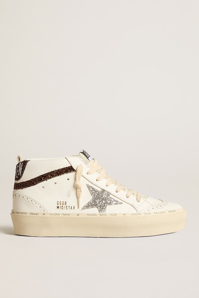 white leather platform sneaker glitter trims mid star