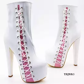 White Pink Corset High Heel Platform Boots