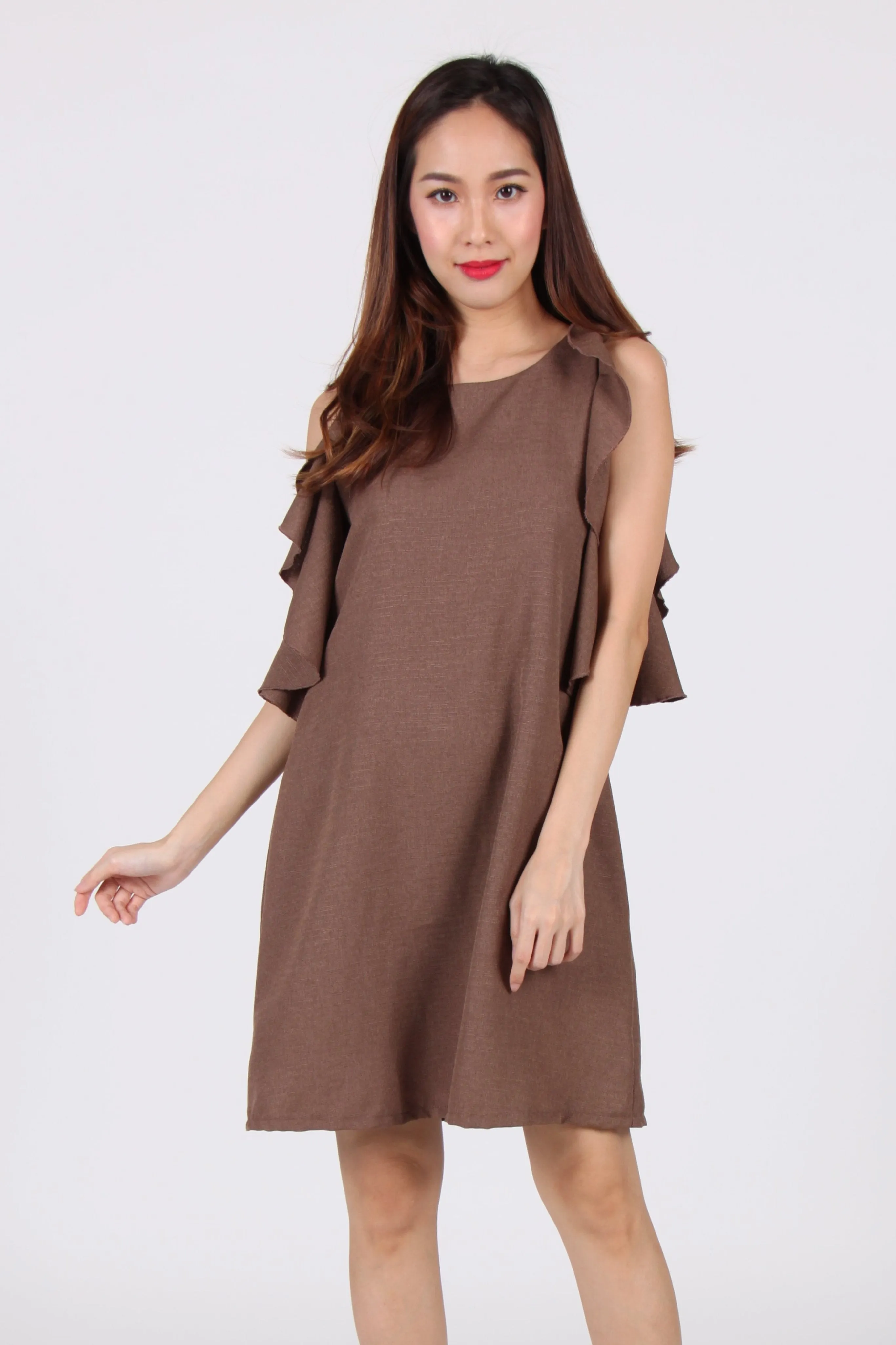 Wide Ruffles Sleeve Shift Dress in Brown