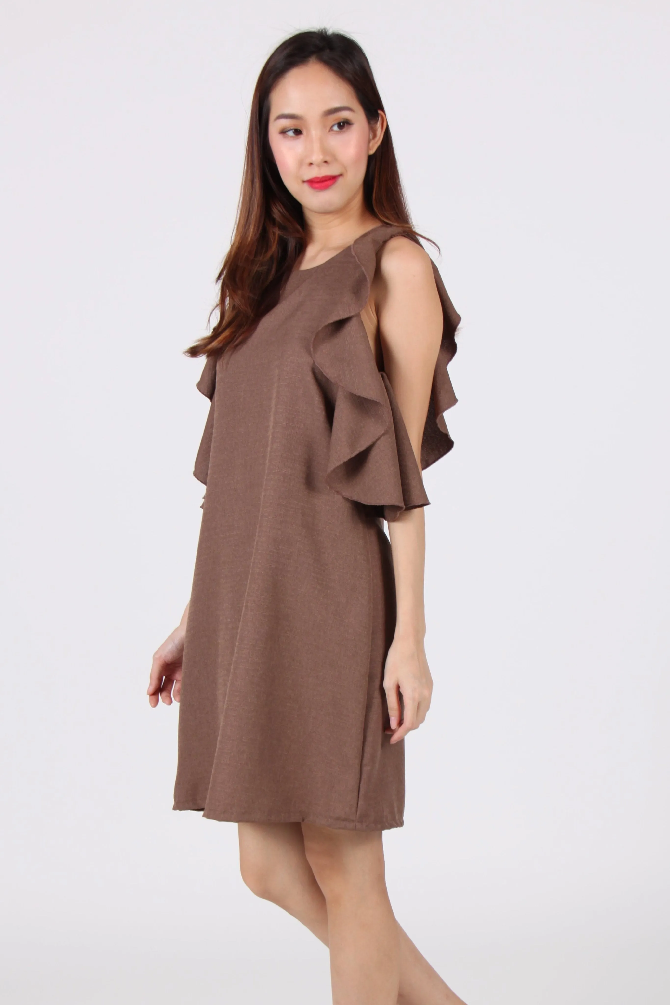 Wide Ruffles Sleeve Shift Dress in Brown