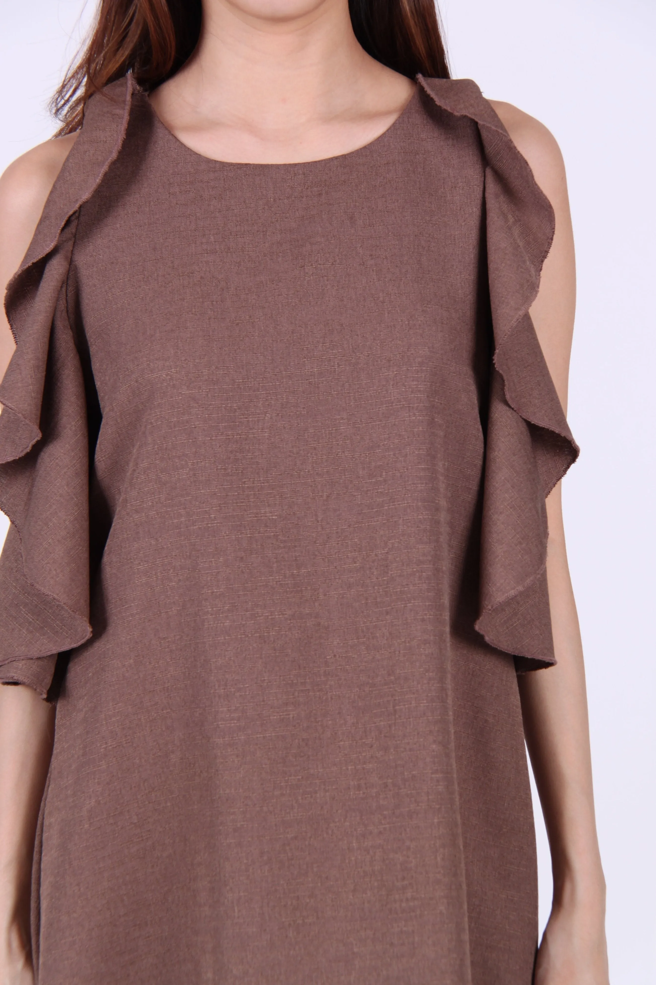 Wide Ruffles Sleeve Shift Dress in Brown