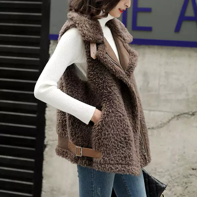 Winter Lamb Wool Vest Women Sleeveless Jacket Thicken Warm Waistcoat Fall Hidden Zipper Outwear Garment