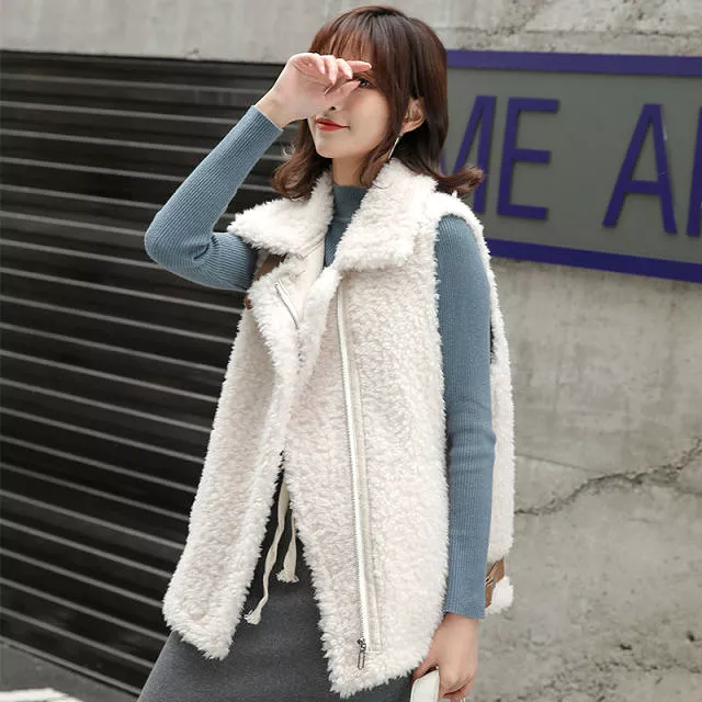 Winter Lamb Wool Vest Women Sleeveless Jacket Thicken Warm Waistcoat Fall Hidden Zipper Outwear Garment