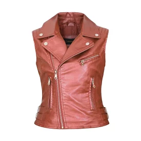 Women Red PU Faux Leather Sleeveless Jackets with Turn-down Collar, Zipper Closure, and Vest Pockets - Stylish Waistcoat for Str