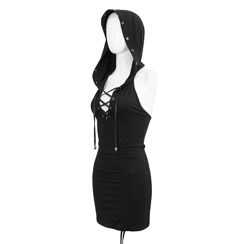 Women's Punk Halterneck Dress with Hood Plunging Drawstring