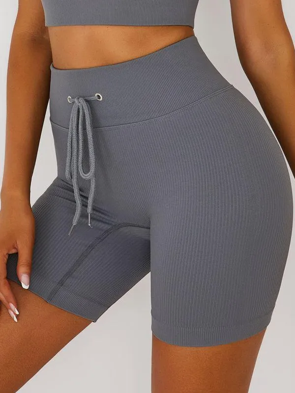 ZASUWA Drawstring Ribbed Fitness Spandex Gym Booty Shorts for Women